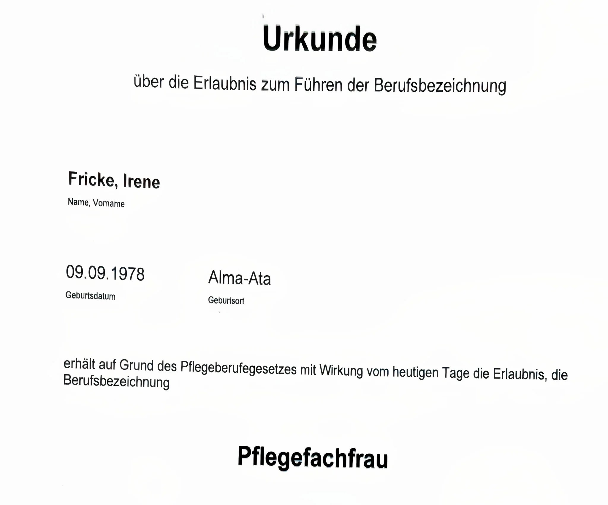 Pflegefachfrau (hemşire) belgesi – Irene Fricke